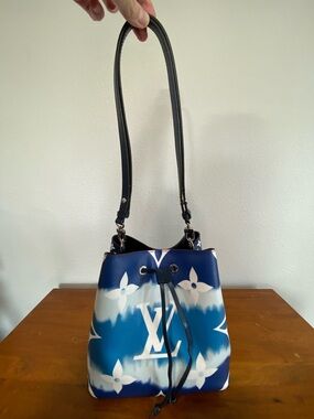 Blue and White Monogram Drawstring Shoulder Bag